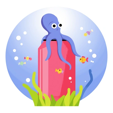 An octopus with vibrant blue and purple tentacles is perched on a bright red soda can at the bottom of the sea. The can is partially covered in green seaweed and surrounded by small colorful fish swimming nearby. Bubbles are rising from the can, creating a playful underwater atmosphere. Sunlight filters down from the surface, illuminating the scene with a gentle blue hue.