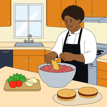 A chef with medium skin and curly black hair is standing in a cozy kitchen, wearing a white chef's coat and a black apron. He is focused on preparing homemade cheeseburger patties from scratch. The kitchen is filled with warm wooden cabinets and a light-colored countertop. In front of the chef, there is a large mixing bowl containing ground beef, breadcrumbs, and seasonings. He is using his hands to shape the meat mixture into round patties. Nearby, there are fresh ingredients like lettuce, tomatoes, and slices of cheese on a cutting board. The oven is visible in the background, with a tray that has some cooking utensils and a spatula resting beside it. A window lets in soft natural light, highlighting the cheerful ambiance of the kitchen.