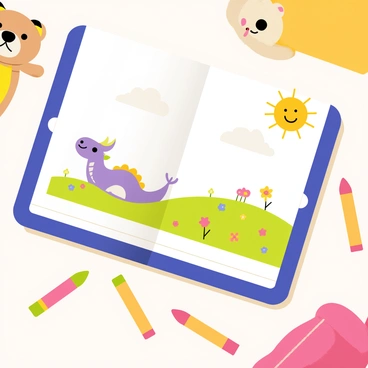 A tablet displaying a colorful children's eBook open to a page filled with bright and whimsical illustrations. The illustrations feature a playful purple dragon flying among fluffy white clouds, a cheerful yellow sun with a smiling face in the corner, and a green meadow below dotted with colorful flowers. The tablet is surrounded by a few scattered crayons and a small plush teddy bear. The background includes hints of a cozy room with soft pastel colors.