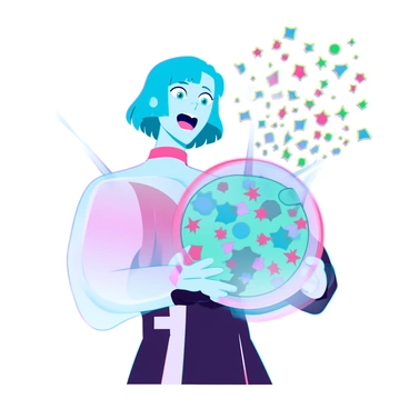 A character with short blue hair and bright green eyes is standing in a futuristic setting. They are holding a gacha capsule in their hands, which is a shiny, transparent sphere. The character's mouth is open in a surprised expression, showcasing excitement and wonder. Colorful confetti, consisting of stars, circles, and ribbons, bursts out from the capsule, filling the air around them. The confetti has a glossy finish that reflects light, creating a vibrant atmosphere. The character's outfit is a blend of casual and futuristic, with sleek lines and bright colors, complementing the scene.