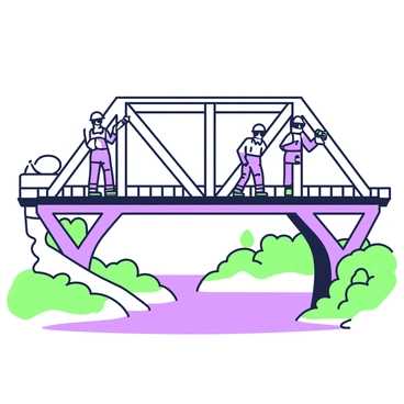 A group of engineers is inspecting the structural integrity of an old railway bridge. Two engineers are positioned on the bridge, examining the metal beams closely. One engineer is holding a clipboard and looking up at the overhead structure while the other uses a flashlight to inspect a joint. Below the bridge, a river flows gently, reflecting the structure above. The surrounding area includes patches of grass and a few trees lining the riverbank, providing a contrast to the industrial elements of the bridge.