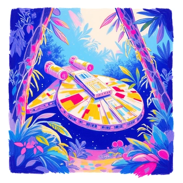 The Millennium Falcon is partially obscured by dense jungle foliage and thick vines. The spaceship, characterized by its rounded body and unique cockpit, is covered in patches of green moss and creeping plants. Surrounding the Falcon are tall trees with broad leaves casting dappled shadows on the ground. Various tropical plants, including ferns and flowering vines, intertwine around the ship, creating a natural camouflage. Sunlight filters through the canopy above, illuminating the rich colors of the jungle environment.