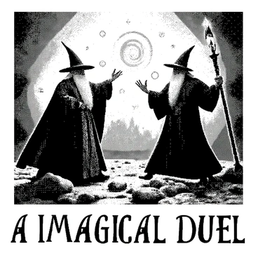 Two wizards are engaged in a magical duel in a vibrant fantasy setting. The first wizard has a long flowing robe, adorned with intricate patterns, and is raising one hand, casting a spell with swirling energy emanating from it. He has a long beard and is wearing a pointed hat. The second wizard stands opposite, with a fierce expression, wielding a staff that is glowing at the top. Surrounding them are various magical symbols and shapes in mid-air, representing the spells being cast. The ground is uneven, scattered with rocks and hints of ancient ruins, enhancing the atmosphere of the duel. "A magical duel" is depicted in bold text in the foreground, highlighting the intensity of the scene.