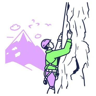 A climber is ascending a steep rock face. The climber is wearing a helmet and a harness, with ropes securely attached. The rock surface is rugged and textured. In the background, a breathtaking mountain view stretches across the horizon, with sharp peaks and a clear sky. A few birds are flying in the distance, adding to the sense of height. The climber's focused expression shows determination as they reach for the next handhold.