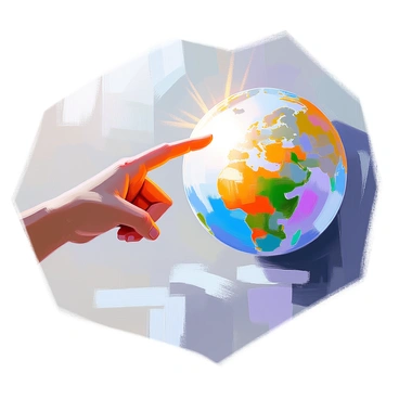 A close-up of a human finger extending outward, directly pointing toward a radiant, glowing spot on the surface of a spinning globe. The globe features vividly detailed continents and oceans, with the glowing area emitting a bright light that contrasts with the darker shades of the surrounding land and water. The finger is positioned at the forefront, with fine details such as skin texture and nail visible. The globe is captured in motion, with a sense of dynamic rotation that adds life to the composition.