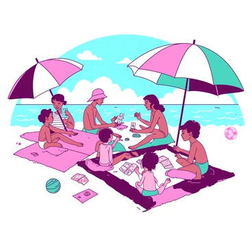 A duo-tone beach scene featuring families playing "loto" on vibrant pink and teal beach towels. Groups of children and adults are sitting on the towels, with some holding cards and others eagerly waiting for their turns. Nearby, a colorful array of beach umbrellas in various colors provides shade, and there is a light blue sky above with a few fluffy white clouds. In the background, gentle waves are lapping at the shore, and a couple of beach balls are scattered around the area. The atmosphere is lively and cheerful, as laughter and excitement fill the air.