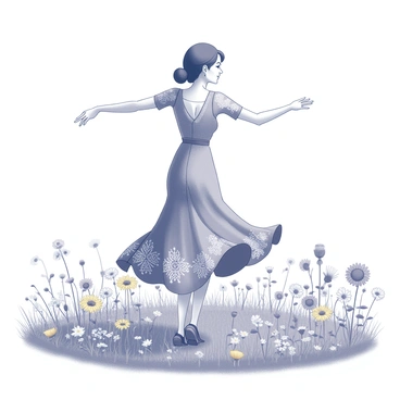 A woman is twirling gracefully in a meadow filled with various flowers. She is wearing a long, flowy dress adorned with intricate floral patterns. Her arms are extended outwards, creating a sense of movement. The flowers around her include daisies, sunflowers, and wildflowers, with a mix of textures and shapes throughout the field. The sky above is clear and expansive, providing a bright backdrop to the scene.