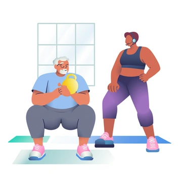 An elderly person with gray hair is performing a modified goblet squat. They are wearing a light blue athletic shirt and dark gray sweatpants. A fitness instructor with a headset is standing beside them, offering guidance. The instructor has short brown hair and is dressed in a black tank top and purple leggings. The elderly person is holding a small, bright yellow kettlebell close to their chest, focusing on their posture. There are exercise mats on the floor, and a bright window lets in natural light, illuminating the scene.