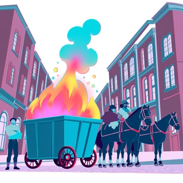 A chaotic dumpster fire with bright flames and thick smoke billowing into the air, set in a historical city. The background features classic cobblestone streets lined with old brick buildings, showcasing intricate architectural details. Horse-drawn carriages with wooden wheels and ornate decorations are passing by, with horses wearing traditional harnesses. People in period attire are observing the fire, adding to the lively atmosphere of the scene. The warm glow of the fire contrasts with the cool tones of the surrounding buildings, creating a striking visual effect.