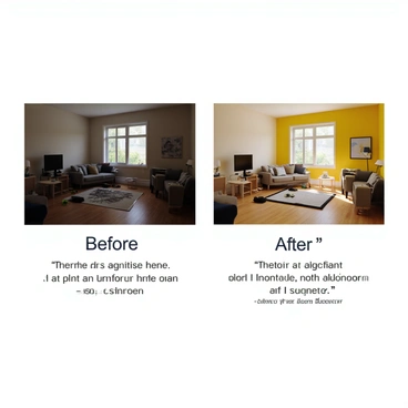 A split illustration depicting two contrasting scenes side by side. On the left side, a cluttered room filled with disorganized furniture and items scattered across the floor. The walls are painted in muted colors, and the lighting is dim. On the right side, the same room after transformation, showcasing a clean, well-organized space with neatly arranged furniture and bright, inviting colors on the walls. Natural light floods the room through a window, enhancing its vibrant appearance. At the bottom of the illustration, there are "Before" and "After" labels prominently displayed. Below the scenes, there are two testimonial quotes in elegant typography, providing positive feedback about the transformation. The overall composition effectively contrasts the two states, emphasizing the significant change.