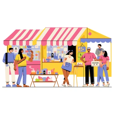 A bustling vintage street market filled with colorful stalls showcasing various goods. Each stall is adorned with vibrant fabrics and eye-catching decorations. Shoppers of diverse backgrounds are actively browsing, some holding bags filled with unique items. There are wooden tables displaying handcrafted jewelry and local produce. A red and white striped awning provides shade over one stall, while a nearby vendor is grilling food, releasing a hint of smoke into the air. Lively interactions and smiles can be seen among friends and families exploring the market.