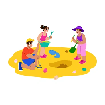 A group of three children, a boy and two girls, are excitedly searching for hidden treasures in the golden sand of a beach. The boy, wearing a bright red t-shirt and blue shorts, is kneeling down with a small yellow shovel, while one girl, dressed in a pink swimsuit, is holding a turquoise pail filled with sand. The other girl, wearing a purple bucket hat, is peeking into a small hole they've dug with a green shovel. Around them, seashells and colorful pebbles are scattered on the sand. The sky is clear and sunny, adding a warm glow to the scene.