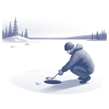 A frozen lake landscape is depicted, with a wide expanse of white ice stretching across the scene. In the foreground, an ice fisherman is crouched near a hole in the ice, pulling a dead fish out with both hands. He is wearing winter clothing, including a thick jacket, gloves, and a hat to protect against the cold. The ice hole is surrounded by scattered ice shavings. In the background, snow-covered trees frame the lake, enhancing the winter atmosphere. The sky above is overcast, contributing to the monochrome feel of the scene.