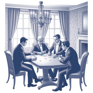 A lavish drawing room filled with opulent furnishings and intricate wallpaper. Several Victorian-era gentlemen, dressed in formal attire including tailcoats and waistcoats, are gathered around a richly decorated wooden table. They are engaged in a game of cards, with a deck of playing cards spread out before them. One gentleman is holding a hand of cards close to his chest, while another leans forward, intently studying the game. The room is adorned with tall windows draped in heavy curtains, and an ornate chandelier hangs from the ceiling, casting intricate shadows on the wall. A fireplace is visible in the background, adding to the grandeur of the setting.