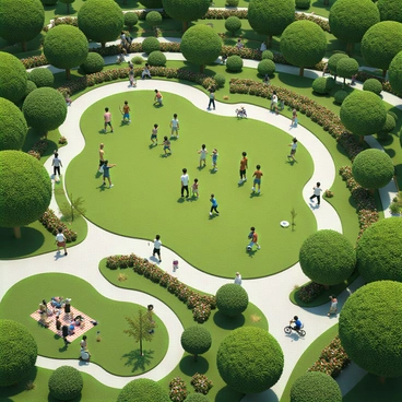 A city park filled with greenery, featuring a variety of trees and colorful flowerbeds. There are people from different backgrounds engaging in various recreational activities. A group of children of diverse ethnicities is playing soccer on a grassy field. Nearby, a couple is walking their dog on a leash, while an elderly man is reading a book on a bench. Some individuals are having a picnic on a checkered blanket, sharing food and laughter. A jogger is running along the winding path, and a family is riding bicycles around the park. The atmosphere is lively and filled with joy.