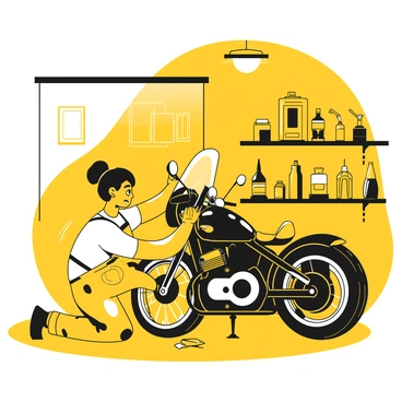 A person kneeling beside a motorcycle, focused on cleaning and polishing its shiny parts. The person is wearing a work apron, gloves, and using a microfiber cloth. The motorcycle is black with chrome accents, reflecting the indoor light. Surrounding the motorcycle, various tools are neatly organized on a workbench, and shelves filled with automotive supplies line the walls of the tidy garage. A bright overhead light illuminates the space, highlighting the details of both the motorcycle and the cleaning process.