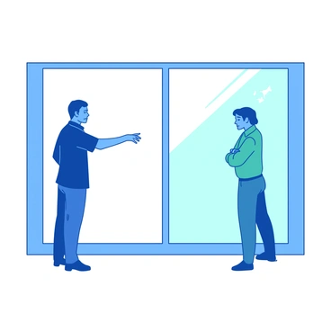 Two figures stand on opposite sides of a large rectangular window. On the left side, a blue silhouette extends a hand towards the windowpane, fingers splayed as if trying to bridge the gap. On the right side, a teal figure stands slightly hunched, with a furrowed brow and arms crossed, displaying hesitation. The window itself is framed in a stark white, with soft reflections of light dancing across the surface, highlighting the expressions of both figures in this moment of connection and uncertainty.