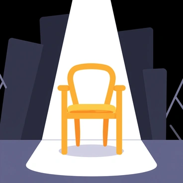 A single wooden chair positioned in the center of a slightly dim studio. The chair is illuminated by a bright spotlight shining down from above, creating a stark contrast between light and shadow. In the background, there are soft outlines of studio equipment and a subtle gray backdrop, enhancing the focus on the chair. The floor beneath the chair is polished, reflecting the light from the spotlight, while the rest of the studio remains shrouded in darkness.