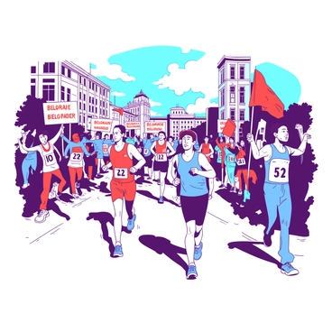 A group of runners is participating in the annual "Belgrade Marathon," moving through busy city streets. The runners are wearing colorful athletic outfits, with some in bright "red" and others in "blue" attire. The streets are lined with cheering spectators holding signs and banners that add to the lively atmosphere. In the background, iconic buildings of Belgrade are visible, adding character to the urban landscape. The runners are in various stages of the race, showing a mix of determination and enjoyment. Flags and decorations can be seen along the route, enhancing the festive spirit of the marathon.