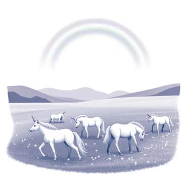 A peaceful meadow with unicorns grazing under a rainbow-filled sky