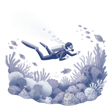 A person diving into a vibrant coral reef, surrounded by exotic sea creatures