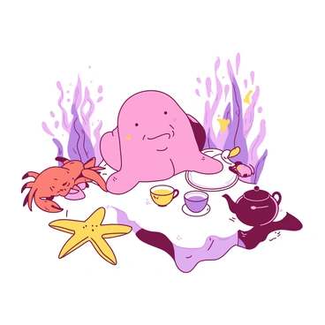 A pink blobfish with a wide smile is sitting at a small round table covered with a white tablecloth. On the table, there are various colorful teacups and a teapot. Surrounding the table, a yellow starfish is lounging on one side, while a cheerful orange crab is perched on the other. The crab is holding a tiny teacup with its claws, and the starfish has its arms spread out, as if inviting everyone to join in the fun. In the background, there are soft, wavy shapes representing underwater plants, adding to the vibrant atmosphere of the tea party.