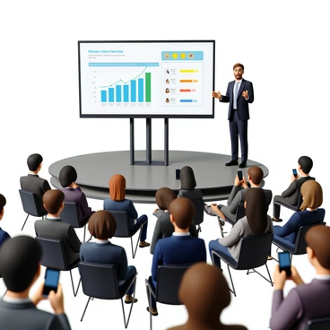 A presenter with short brown hair, wearing a dark suit and a white shirt, stands confidently at a circular stage. The stage features sleek, modern design elements with lighting that highlights the area. In front of the presenter, a large screen displays the results of a digital poll, showcasing colorful graphs and percentages. The audience, composed of diverse individuals, is engaged and seated in rows, some holding smartphones. The atmosphere suggests a professional event focused on interaction and feedback.