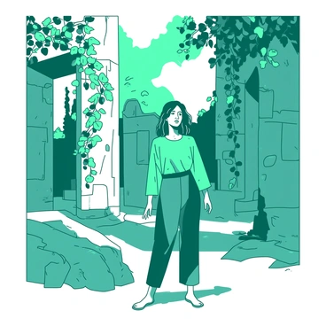 A teal woman is standing amidst large, weathered stone ruins that show signs of age and history. The ruins consist of tall, crumbling walls and broken columns partially covered in green vines. The vines are crawling over the stones, intertwining with the ancient architecture. Sunlight filters through the leaves above, casting dappled shadows on the ground around her, highlighting the textures of the stones and the lush greenery. The woman's posture is relaxed as she gazes thoughtfully at the majestic remnants of the past.