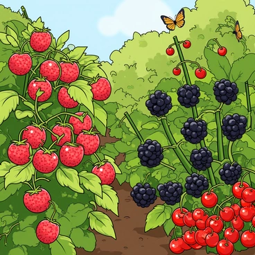 A vibrant garden filled with various berry bushes, prominently featuring clusters of red raspberries, dark blackberries, and bright red currants. The raspberry bushes have rich green leaves surrounding the plump, ripe berries. The blackberry bushes are adorned with glossy black fruits, contrasted against their thorny, green stems. The currant bushes showcase small, shiny red berries that dangle from the branches. Sunlight bathes the scene, highlighting the lush foliage and the bountiful berries. Butterflies flutter around the garden, adding a touch of movement to the colorful landscape.