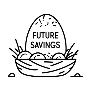 A large egg with intricate patterns is resting in a nest made of twigs and grass. The egg is labeled with the words "Future Savings" in a bold, clear font. The nest is placed on a flat surface, surrounded by small pebbles. The details of the nest show varying textures of the twigs and leaves, while the egg's surface is smooth and glossy, drawing attention to its size and the label.