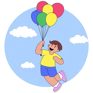 A child with short brown hair wearing a yellow t-shirt and blue shorts is holding a string attached to a bunch of colorful balloons. The balloons are red, green, yellow, and blue, all floating upwards. The child’s eyes are wide with excitement as they release the balloons into the bright blue sky. Fluffy white clouds are scattered in the sky, creating a cheerful atmosphere.
