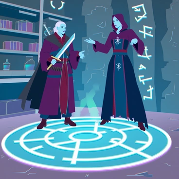 A witcher and a mage collaborating on a magical spell in an arcane chamber
