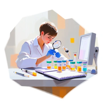 A lab technician with short brown hair and wearing a white lab coat is carefully examining multiple small containers filled with urine samples. The countertop is organized with several labeled containers, each containing a different sample. The technician is using a magnifying glass to closely inspect one of the samples. Various lab tools, such as a pipette, notebook, and a computer, are visible on the countertop, creating a busy laboratory environment.