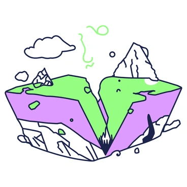 A dramatic scene depicting the meeting of two tectonic plates. In the center, the edges of the plates are visibly interacting, with one plate being pushed downward under the other. The surface of the plates is textured, showcasing the roughness and ruggedness of the geological formations. Cracks and faults are visible along the boundaries, illustrating the intense pressure and movement occurring. Surrounding the plates, there are small rock formations and fragments, highlighting the chaotic nature of this geological process. Above the plates, there are wisps of clouds, suggesting a dynamic atmosphere influenced by the tectonic activities below.