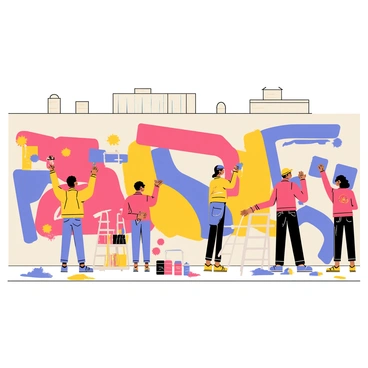 A city wall covered with a vibrant mural in progress, featuring a variety of colors including bright reds, blues, and yellows. Several local artists are actively painting different sections of the mural, each showcasing their unique styles and techniques. One artist is using a spray can to create bold outlines, while another is applying intricate details with a brush. The scene is filled with paint splatters on the ground and paint cans scattered around. A crowd of onlookers, including children and adults, are watching the artists at work, clearly engaged and admiring the creative process.