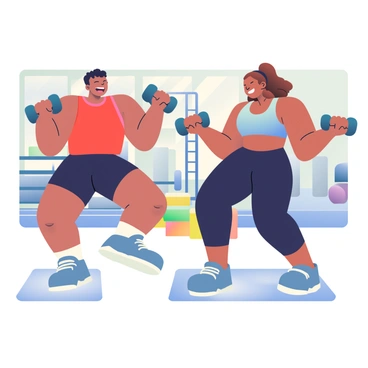 Two friends are engaged in a playful workout competition, each holding a dumbbell in their hands. One friend, with short black hair and wearing a bright red tank top, is mid-laugh, showcasing a wide smile. The other friend, with long curly brown hair tied up, is also laughing, dressed in a light blue sports bra and black leggings. They are positioned in a gym with wooden floors and mirrors in the background, surrounded by various gym equipment. The atmosphere is lively, with both friends displaying a lighthearted energy as they challenge each other.