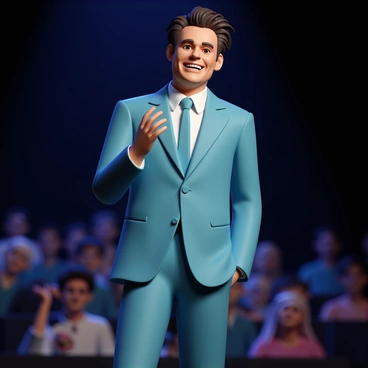 Jim Carrey is standing on a stage, wearing a vibrant blue suit with a matching tie. He has a wide, expressive smile on his face, capturing the audience's attention. His hair is styled in a slightly messy way, adding to his animated persona. The stage is illuminated with dramatic lighting, casting shadows that accentuate his facial features and dynamic gestures. Behind him, a blurred audience is visible, captivated by his performance. 
