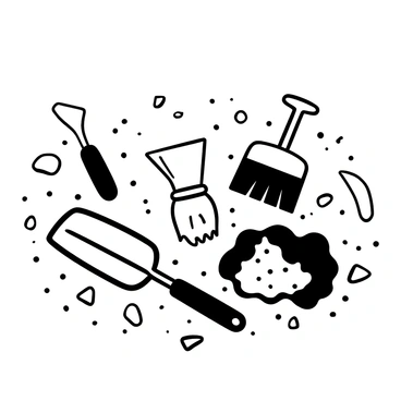 A close-up view of various fossil digging tools, including a small pick, a brush, and a trowel, arranged neatly on the ground. Next to the tools, a partially unearthed dinosaur bone is visible, with its textured surface and irregular shape showing evidence of age. The surrounding area is filled with loose dirt and small rocks, creating an archaeological digging site atmosphere. The focus is on the detail of the tools and the dinosaur bone, highlighting their importance in paleontological discovery.