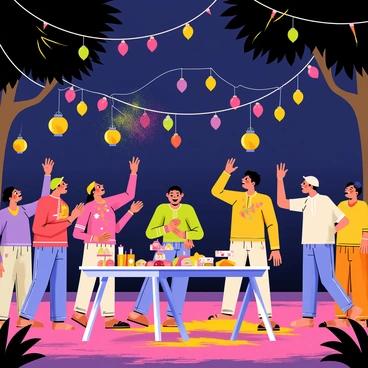 An outdoor Holi festival at night featuring vibrant colors splashed in the air. The scene is illuminated by numerous floating lanterns and colorful string lights hanging from trees. People are joyfully throwing colored powders, creating a rainbow effect in the night sky. In the foreground, individuals are wearing traditional attire, their clothes adorned with brilliant hues. The ground is covered in a mix of bright powders, adding to the festive atmosphere. A table with an array of sweets and snacks is set up nearby, surrounded by laughter and celebration.