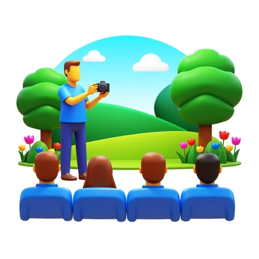 An instructor standing outdoors, demonstrating techniques for nature photography. The instructor is holding a camera and pointing towards a beautiful landscape. Surrounding them are trees and colorful flowers, providing a vibrant backdrop. Participants are gathered around, each with their own cameras, attentively watching the instructor. The scene is bright and filled with natural light, highlighting the lush greenery and colorful elements of the environment.