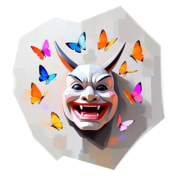 A traditional "hannya mask" with intricate detailing and an expressive face is positioned prominently in the center of the image. The mask's features are exaggerated, showcasing its fierce eyes and sharp horns. A swarm of "colorful butterflies" in various shades of blue, orange, yellow, and pink gently lands on the mask. The butterflies' wings are open, displaying their vibrant patterns, creating a striking contrast against the mask's textured surface. The overall composition captures a harmonious interaction between the fierce mask and the delicate butterflies, highlighting their contrasting themes.