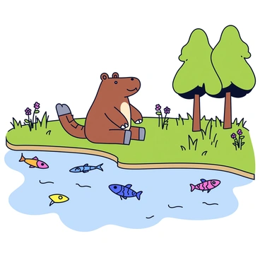 The Gruffalo is sitting on a grassy riverbank, surrounded by tall green grass and a few wildflowers. The river is clear and gently flowing, with several colorful fish swimming beneath the surface. The sunlight reflects off the water, creating shimmering patterns. In the background, there are a few trees with lush green leaves that provide a sense of tranquility.