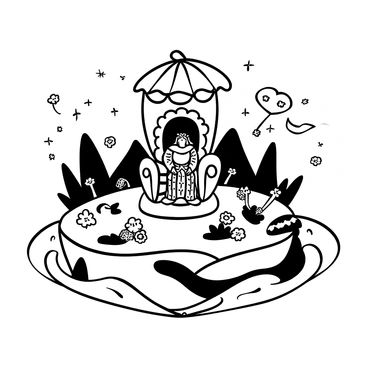 A whimsical island shaped like a heart surrounded by gentle waves. The island features lush greenery and vibrant flowers scattered throughout. In the center of the island, a grand throne sits beneath a large ornate canopy. The "queen of hearts" is depicted sitting regally on the throne, adorned in a lavish gown with intricate patterns. Around her, fantastical creatures and magical elements include oversized mushrooms and sparkling fairy lights hovering in the air. The atmosphere is lively with a variety of playful characters engaging in activities across the island.