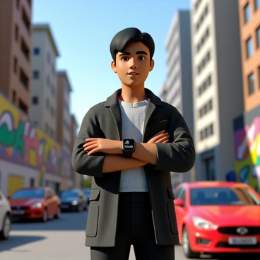 A person with medium skin tone and short black hair is wearing a sleek black smartwatch on their wrist. The smartwatch display shows various features like heart rate, steps count, and weather information. The person is standing confidently in a bustling urban environment, with tall buildings and colorful graffiti on the walls around them. Brightly colored cars pass by in the background, and the sky is a vivid blue, enhancing the lively atmosphere.