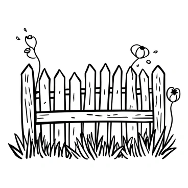 A rustic wooden fence standing tall in a countryside setting, with several sections of the fence intertwined with delicate "poppy blooms" that add detail to the structure. The fence is weathered and aged, showcasing its natural wood grain. Lush green grass surrounds the base of the fence, enhancing the rural atmosphere. A few scattered "poppy blooms" in various positions provide a soft contrast to the wooden texture of the fence.