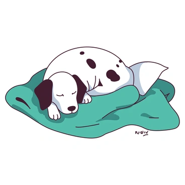 A white dalmatian puppy with black spots is curled up and sleeping on a soft, teal blanket. The blanket is textured and has a gentle drape, creating a cozy environment for the puppy. The puppy's tiny paws are tucked under its chin, and its ears are softly flopped over its head. There is a small white pillow beside the puppy, enhancing the comfort of the scene. The overall atmosphere is peaceful as the puppy enjoys its restful nap.