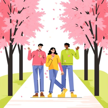 A group of three friends walking along a path lined with cherry blossom trees in full bloom. The trees are adorned with pink flowers, creating a vibrant canopy above. Petals are gently falling from the branches, creating a soft shower of pink on the ground. The friends are smiling and engaged in conversation, with one friend gesturing animatedly. The sunlight filters through the blossoms, creating dappled light patterns on the path.
