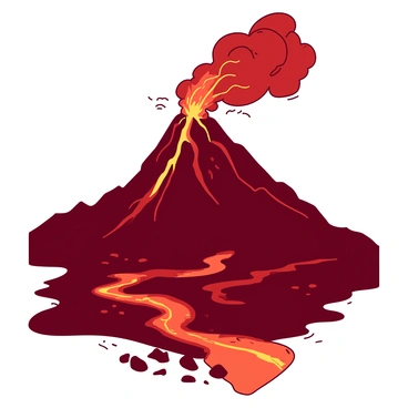 A red Mount Doom towers ominously against the sky, with an intense eruption of orange lava cascading down its rugged, dark slopes. The mountain's peak is shrouded in billowing smoke and ash, creating a dramatic contrast. The surrounding landscape is desolate, with scattered black rocks and charred earth, emphasizing the mountain's fierce presence. The flowing lava glows brightly, illuminating the dark surroundings with an eerie light.