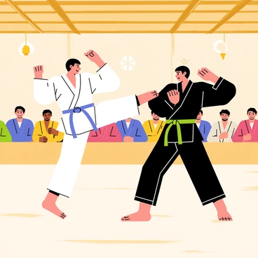 Two martial artists are sparring in a dojo. One martial artist is wearing a white gi and is performing a high roundhouse kick. The other martial artist is in a black gi, ducking to avoid the kick. The dojo features traditional decor, including bamboo mats on the floor and paper lanterns hanging from the ceiling. In the background, several spectators are watching intently, some seated on low benches and others standing along the walls, all focused on the match. The atmosphere is tense with anticipation and energy.