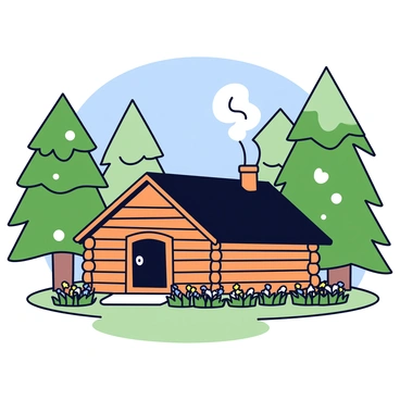 A cozy cabin nestled in the forest with smoke gently rising from its chimney